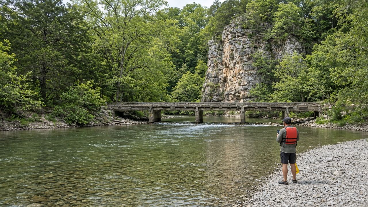 Paddler at a low-water bridge checking the river