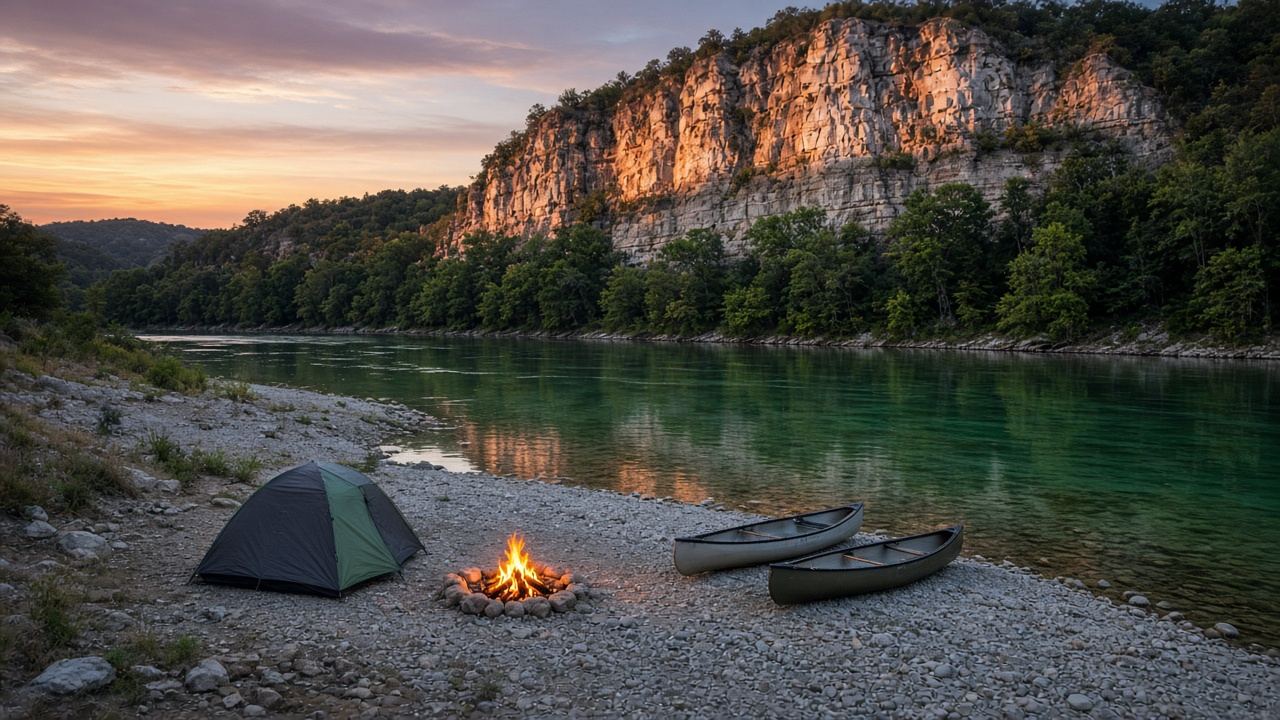 Tent and campfire on a gravel bar at dusk with canoes tied off