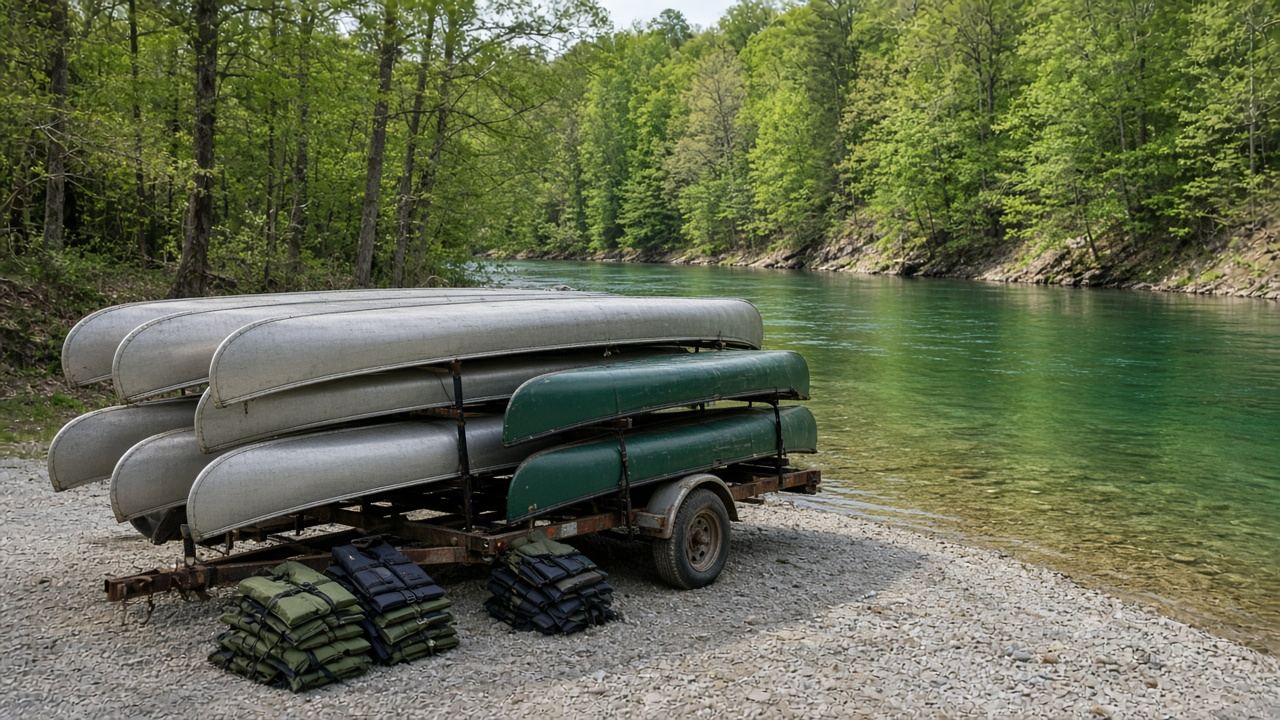 Unbranded rental canoes on a trailer at a gravel access