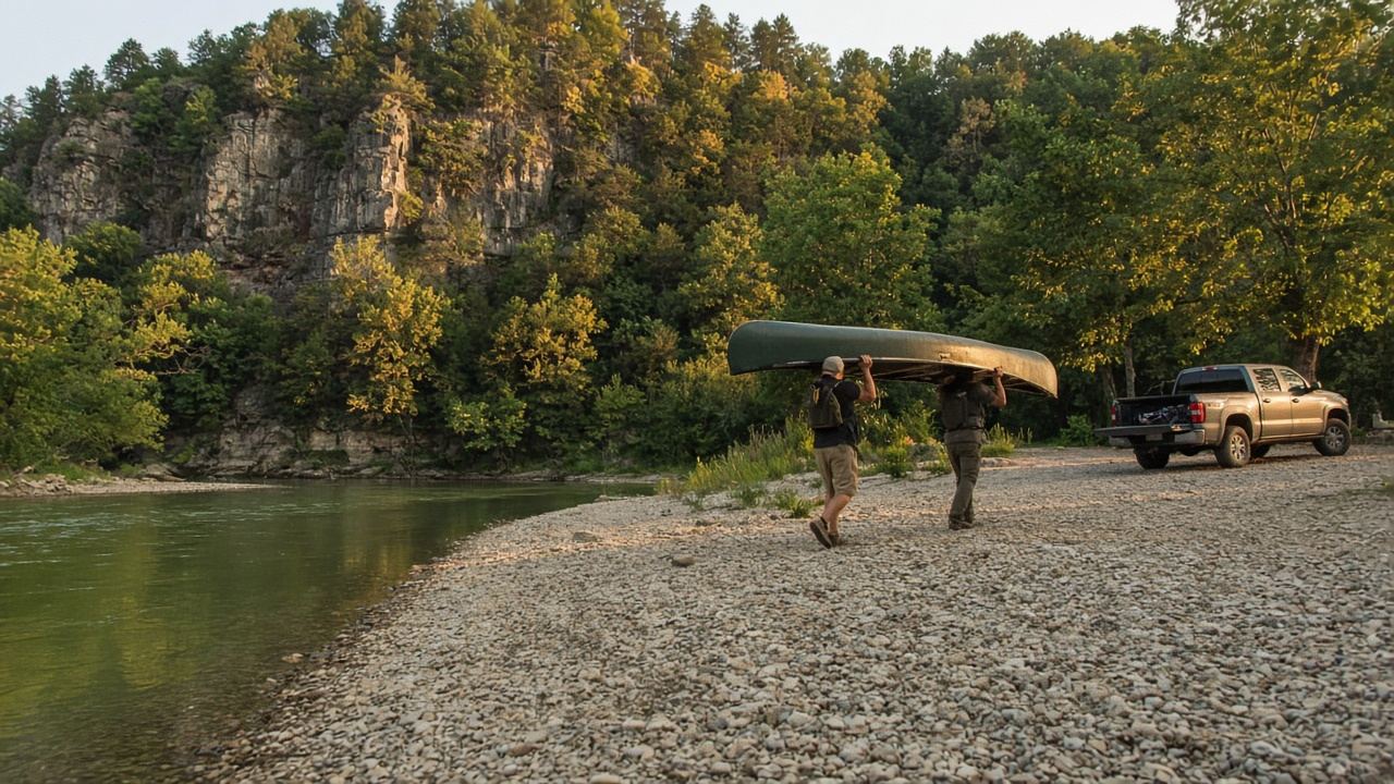 Paddlers carrying a canoe up a gravel bar to a parking area