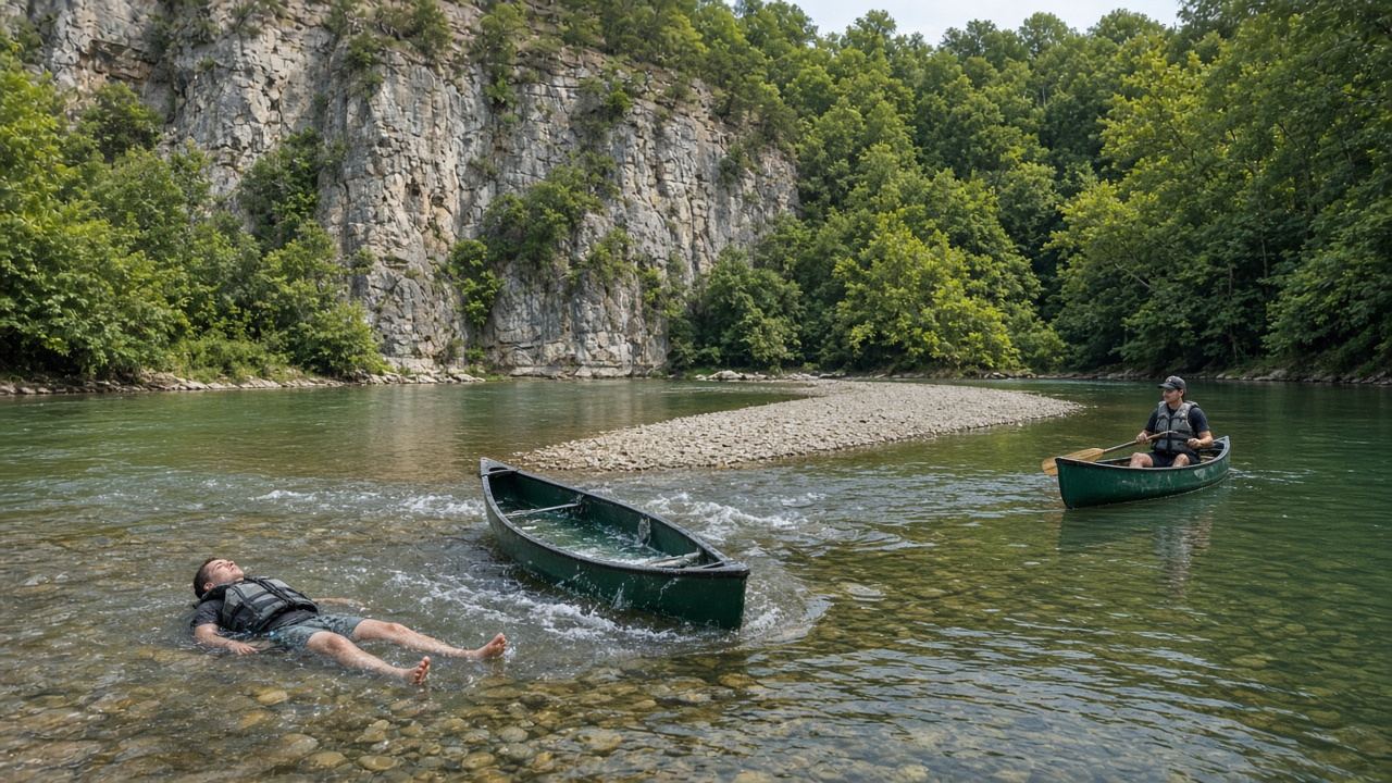 Paddler in a life jacket floating feet-first beside a swamped canoe