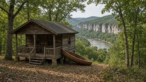 Wooden cabin with a porch in Ozark forest above the river
