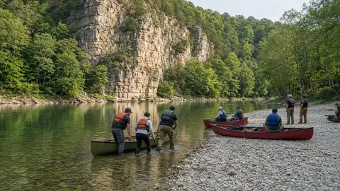 Paddlers launching canoes from a gravel access in the morning
