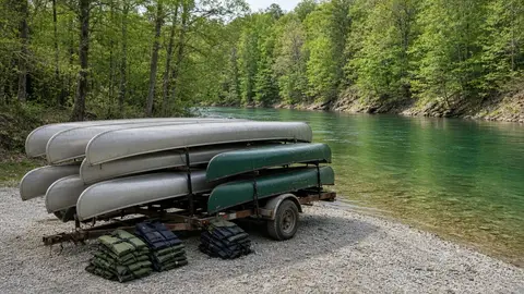 Unbranded rental canoes on a trailer at a gravel access