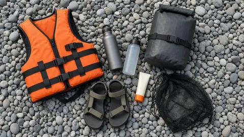 Life jacket, dry bag, water bottles, sandals and sunscreen laid out on gravel