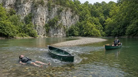 Paddler in a life jacket floating feet-first beside a swamped canoe